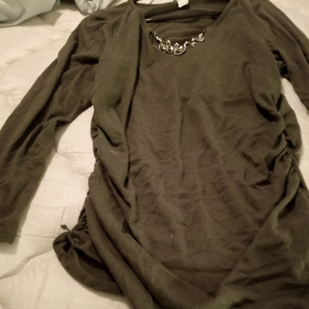 Olive green jeweled neckline cinched waist top